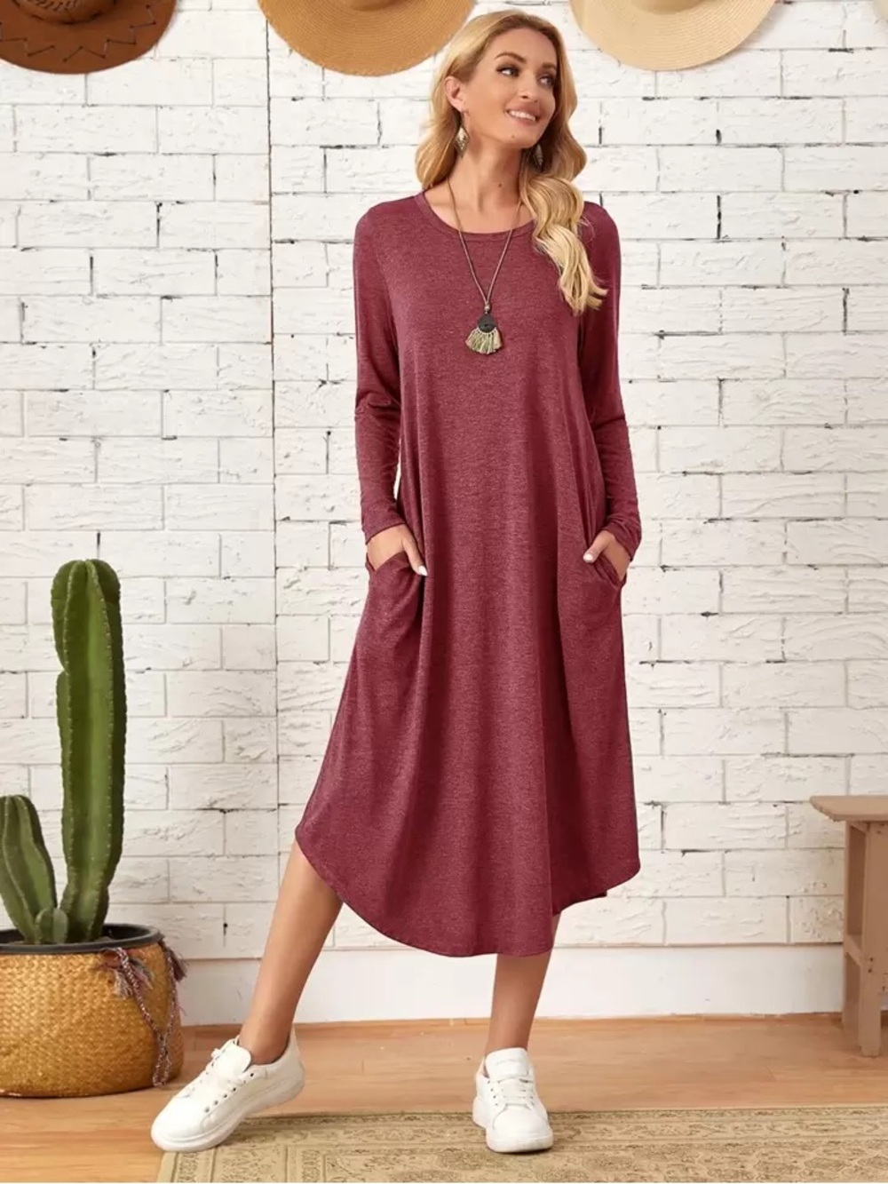EMERY ROSE Women Knit Slanted Pocket Arc Hem Dress Casual Rose Red Size Lrg